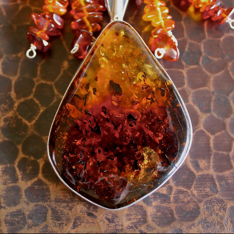 Baltic Whiskey Amber Sterling Pendant Beaded Collar Necklace