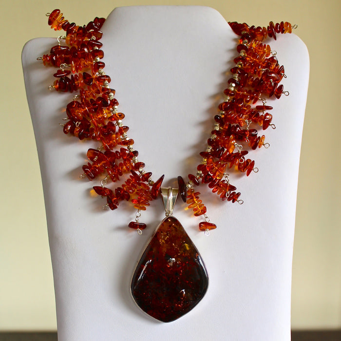 Baltic Whiskey Amber Sterling Pendant Beaded Collar Necklace