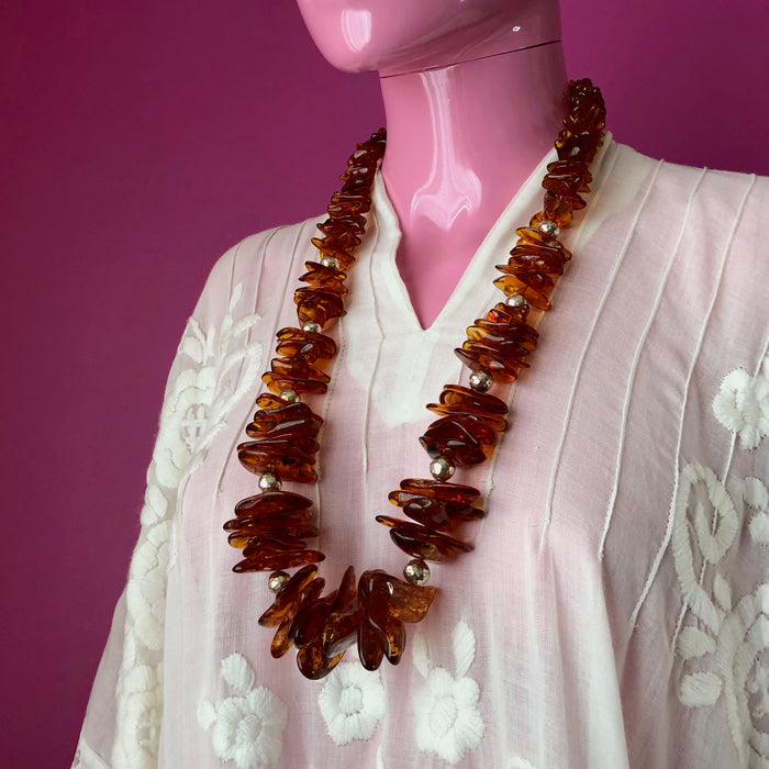 Baltic Whiskey Amber Hill Tribe Pure Silver Beaded Necklace