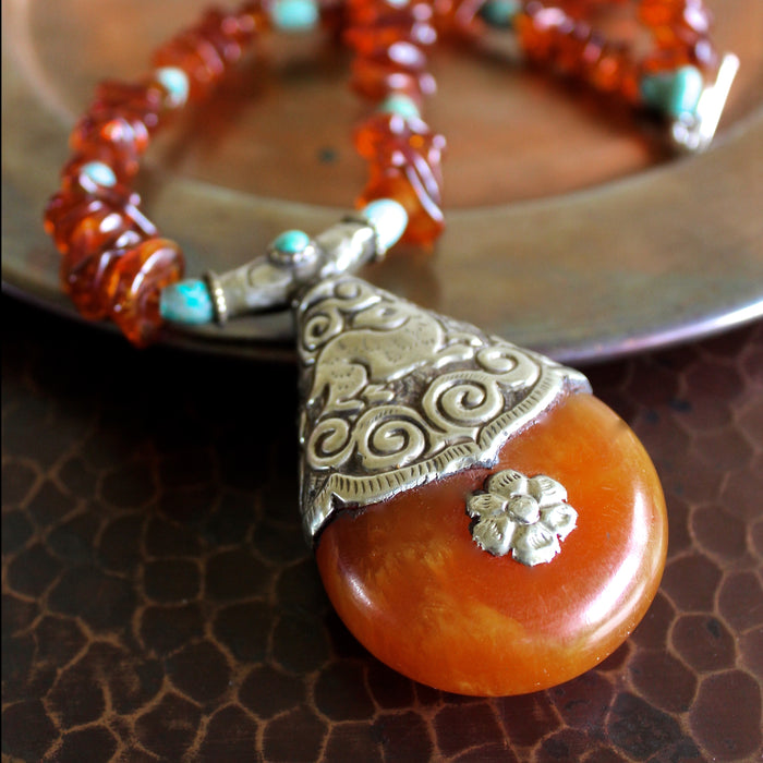 Tibetan Copal Pendant Baltic Cognac Amber Turquoise Necklace