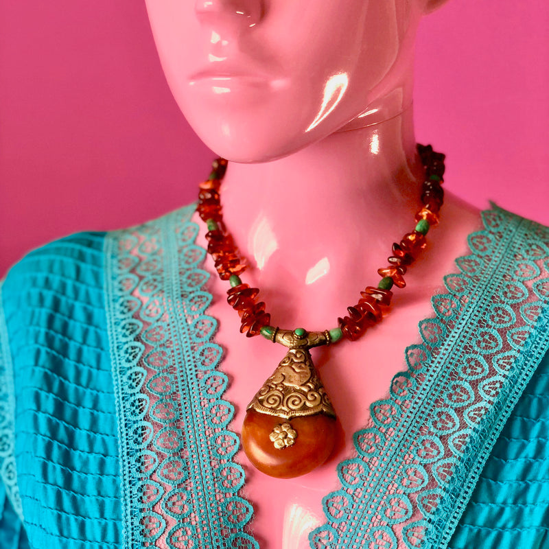 Tibetan Copal Pendant Baltic Cognac Amber Turquoise Necklace
