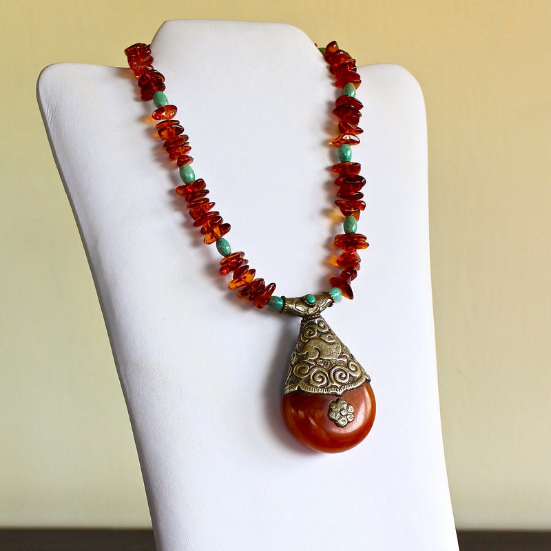 Tibetan Copal Pendant Baltic Cognac Amber Turquoise Necklace