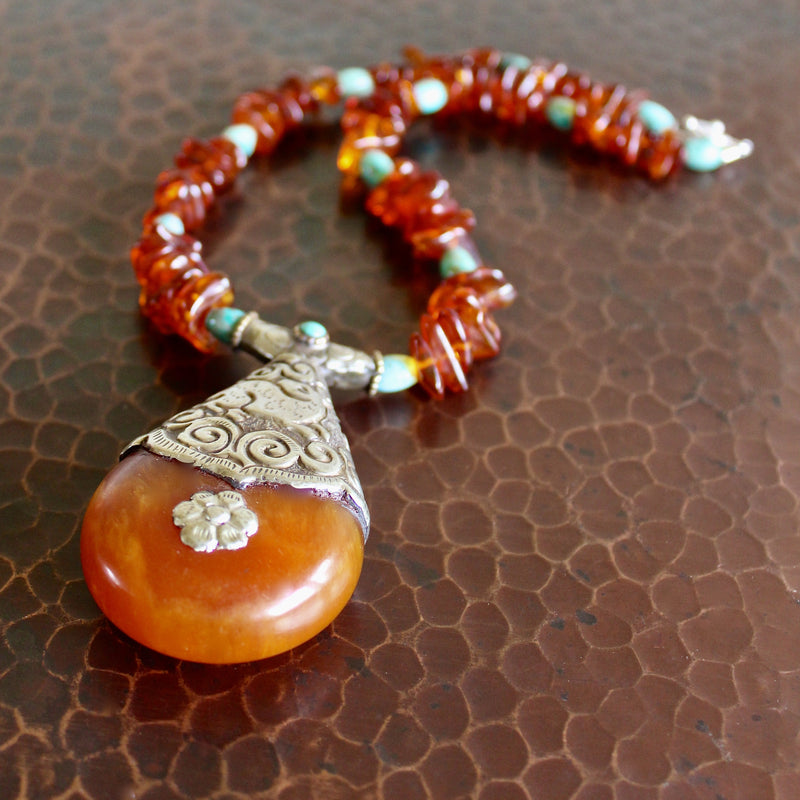 Tibetan Copal Pendant Baltic Cognac Amber Turquoise Necklace