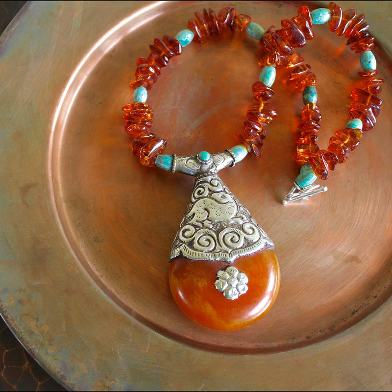 Tibetan Copal Pendant Baltic Cognac Amber Turquoise Necklace