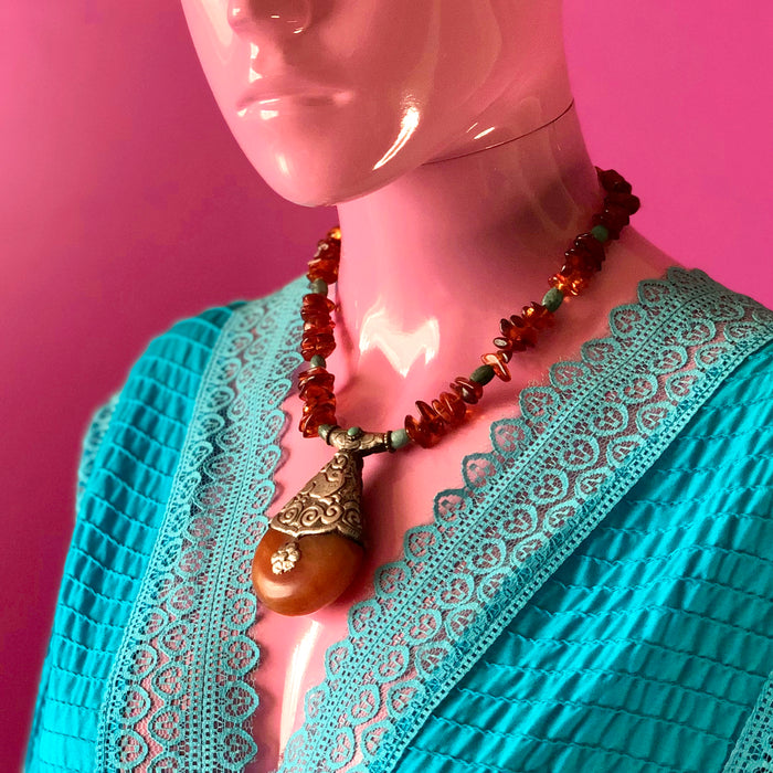 Tibetan Copal Pendant Baltic Cognac Amber Turquoise Necklace