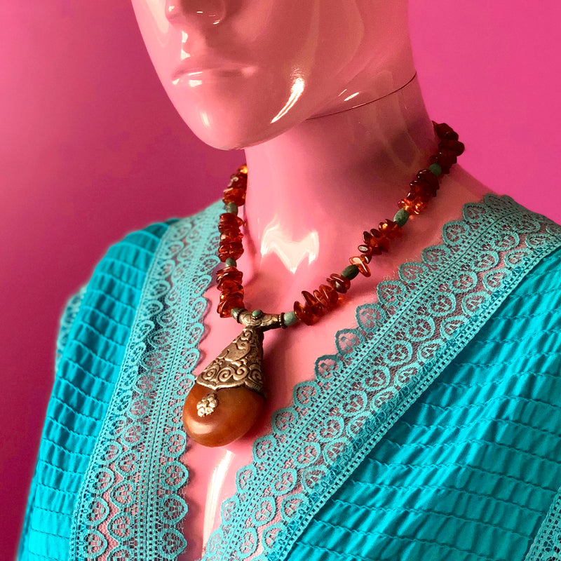 Tibetan Copal Pendant Baltic Cognac Amber Turquoise Necklace