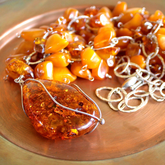 Baltic Cognac Amber Pendant Butterscotch Beaded Necklace