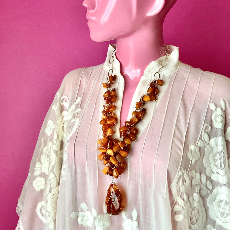 Baltic Cognac Amber Pendant Butterscotch Beaded Necklace
