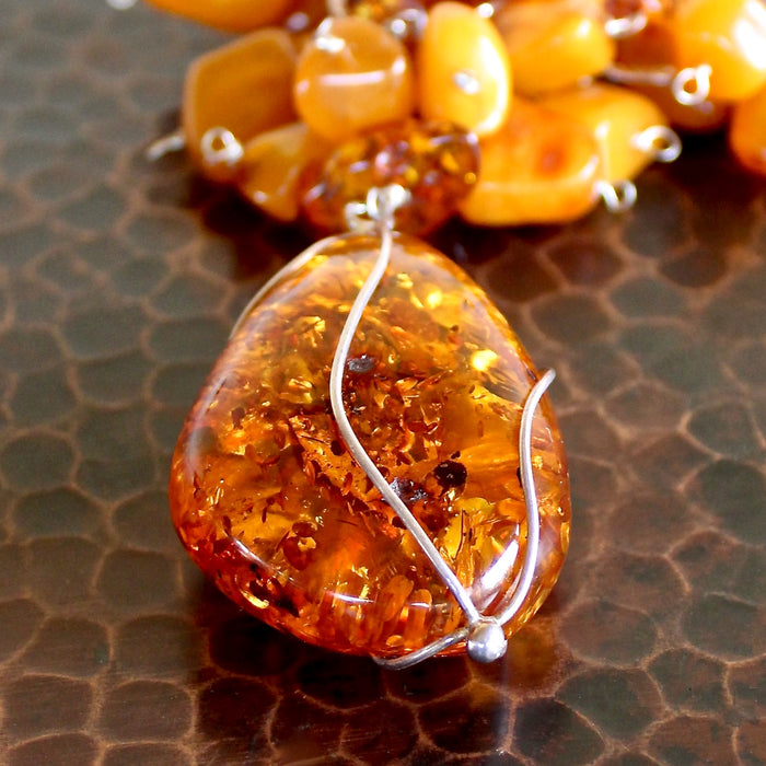 Baltic Cognac Amber Pendant Butterscotch Beaded Necklace
