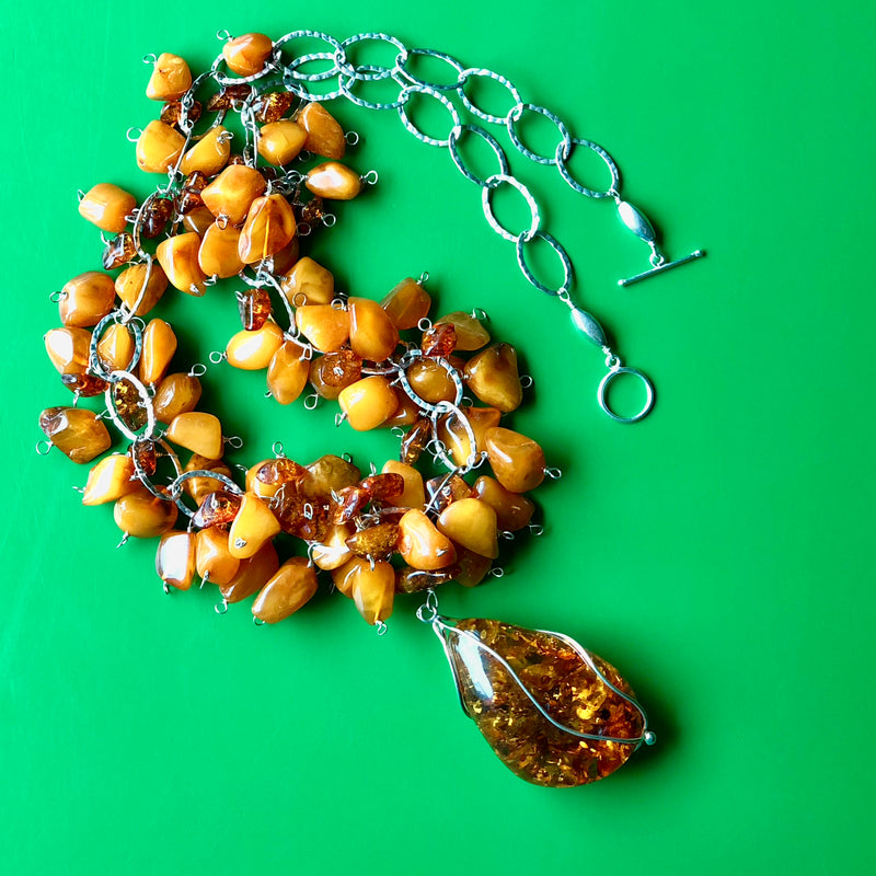 Baltic Cognac Amber Pendant Butterscotch Beaded Necklace
