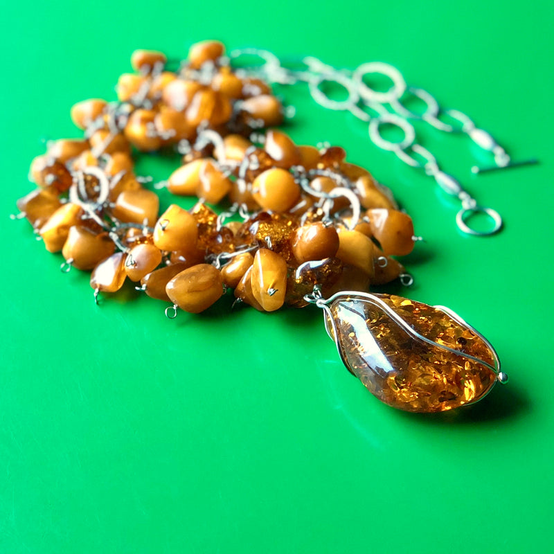 Baltic Cognac Amber Pendant Butterscotch Beaded Necklace