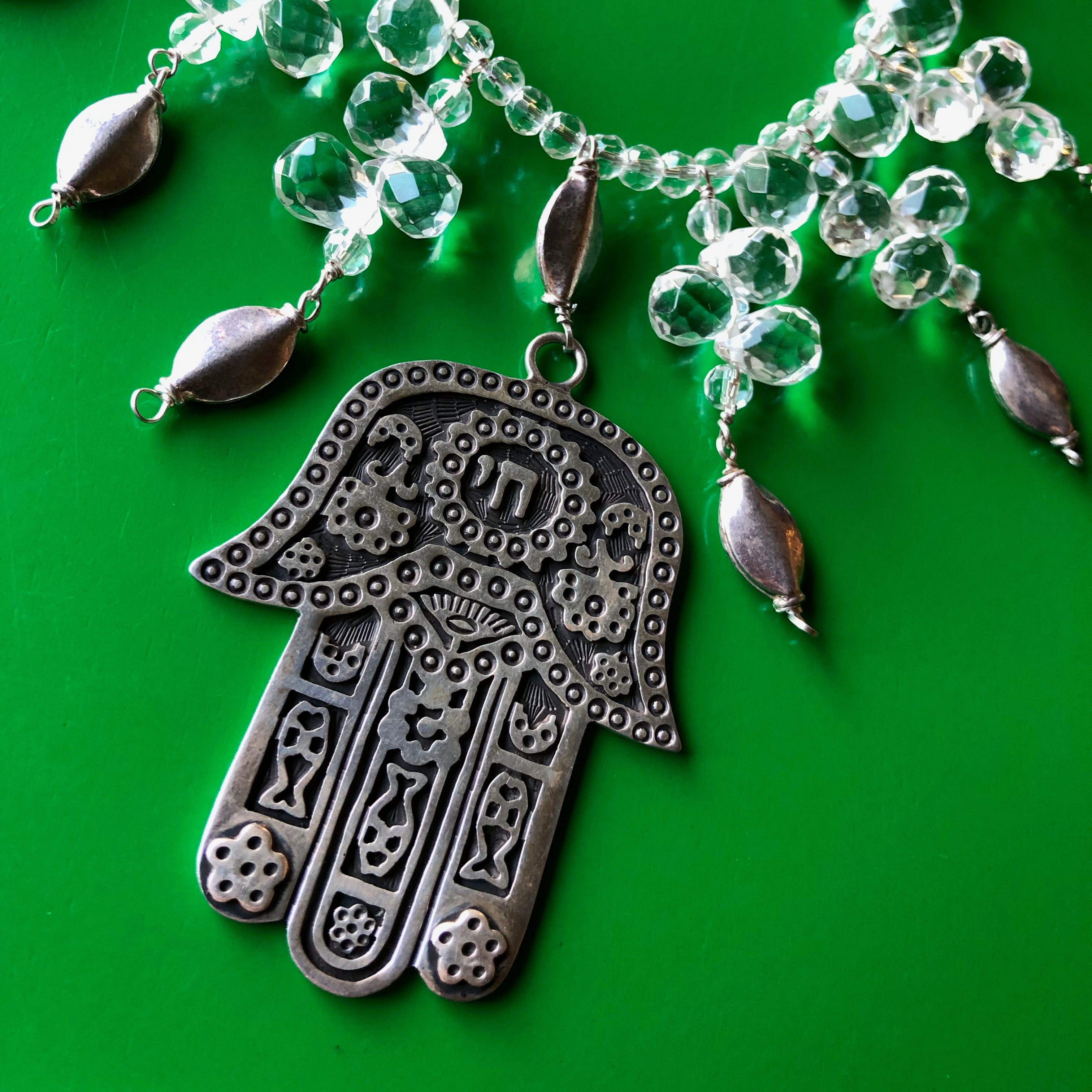 Rock Crystal Hamsa Sterling Silver Taxco Pendant Beaded Necklace