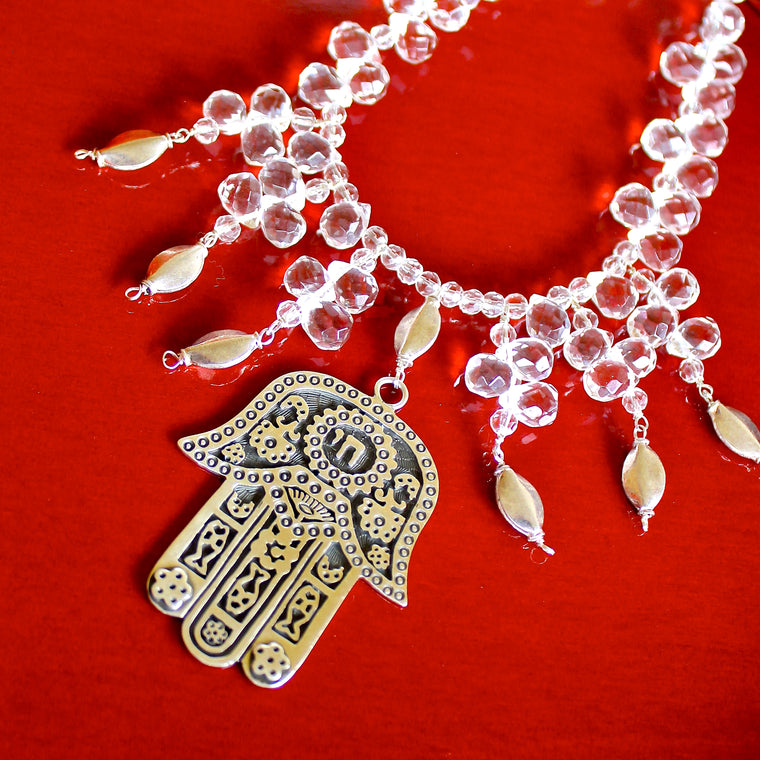 Rock Crystal Hamsa Sterling Silver Taxco Pendant Beaded Necklace