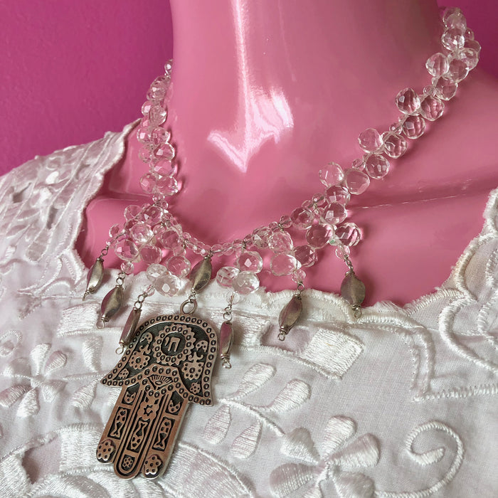 Rock Crystal Hamsa Sterling Silver Taxco Pendant Beaded Necklace