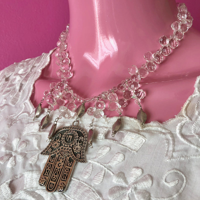 Rock Crystal Hamsa Sterling Silver Taxco Pendant Beaded Necklace
