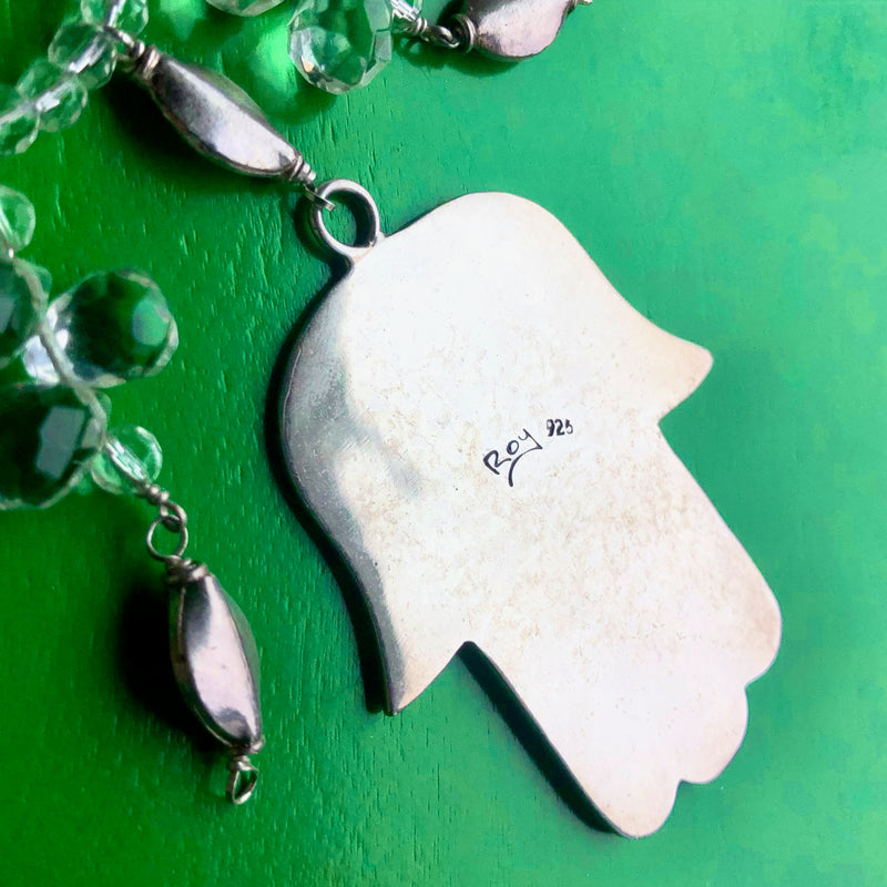 Rock Crystal Hamsa Sterling Silver Taxco Pendant Beaded Necklace