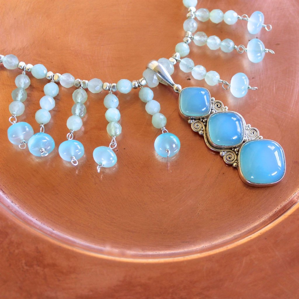 Blue Chalcedony Pendant and Spring Jade Necklace