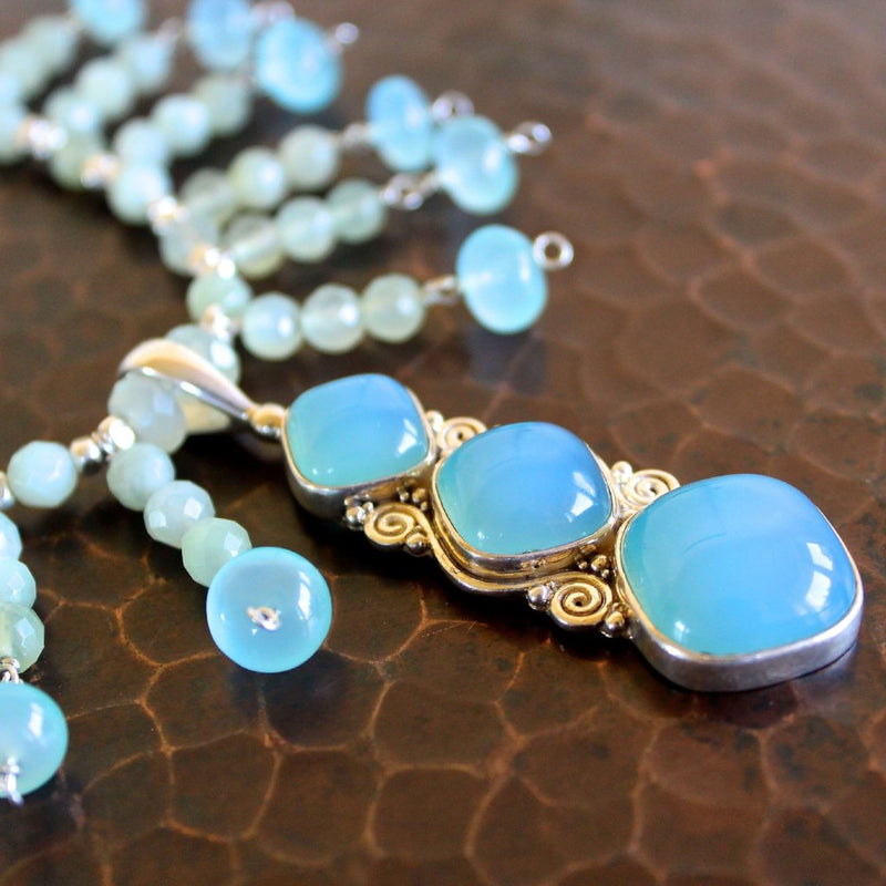 Blue Chalcedony Pendant and Spring Jade Necklace
