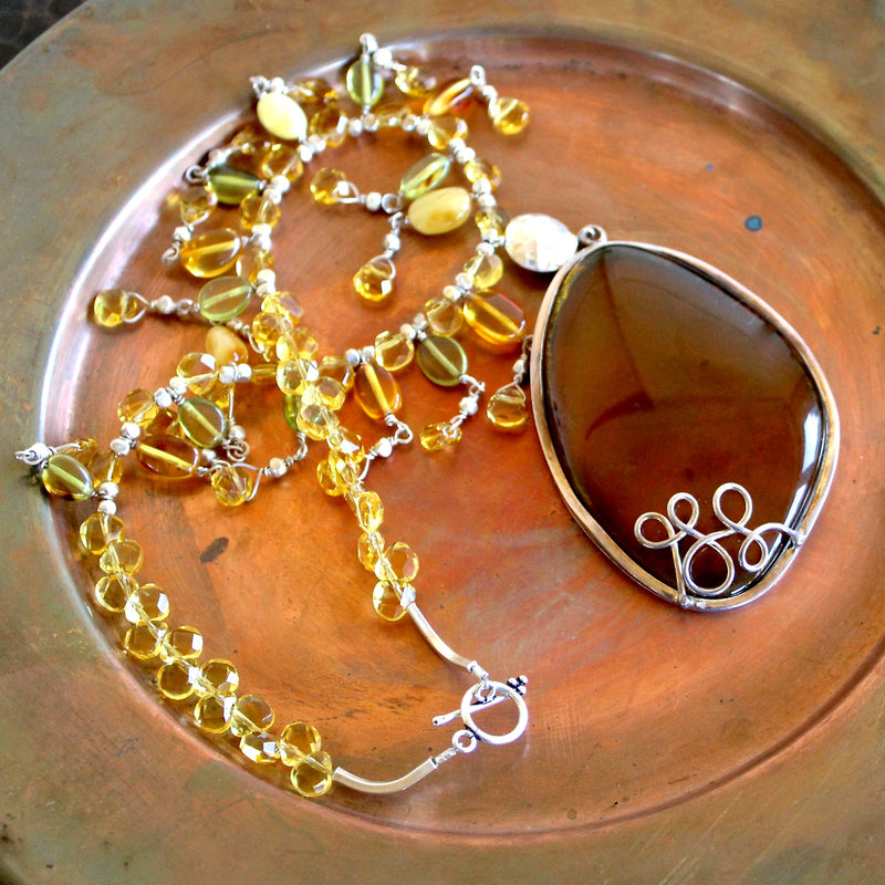 Honey Baltic Amber Pendant, Citrine, Multicolored Baltic Amber Beads, and Hill Tribe Silver Necklace