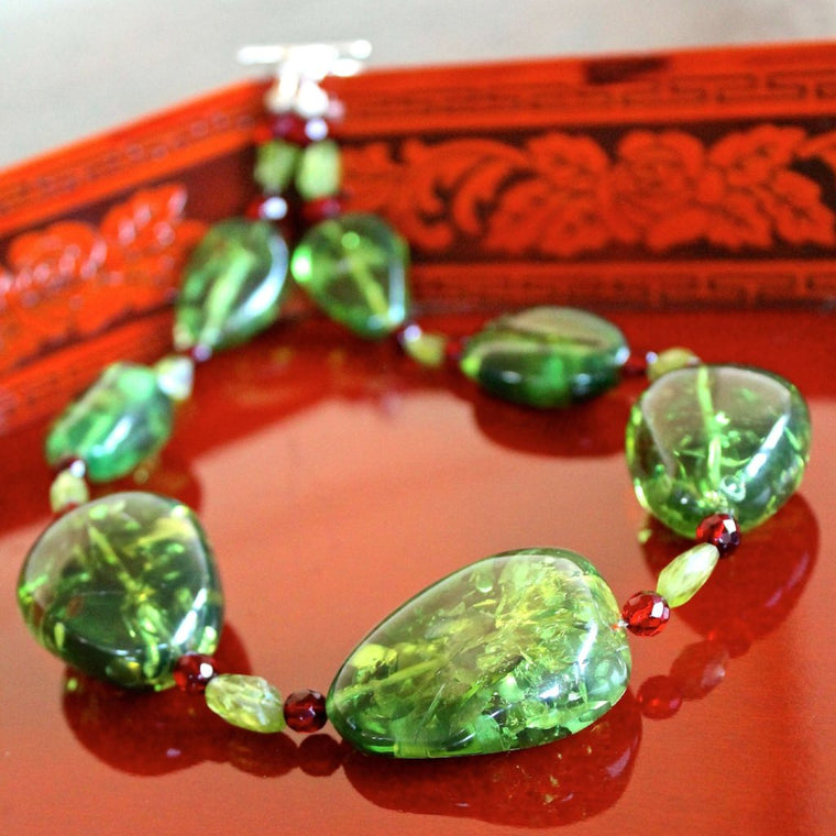 Necklace Caribbean Green Amber Red Baltic Peridot Beads Hill Tribe Pure Silver Nuggets Sterling Extender Toggle Clasp Unadulterated Natural Rare Fine Bold Elegant Jewelry Accessories
