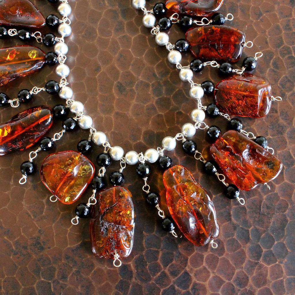 Whiskey Baltic Amber and Faceted Onyx Beads on Sterling Silver Ball Chain Necklace