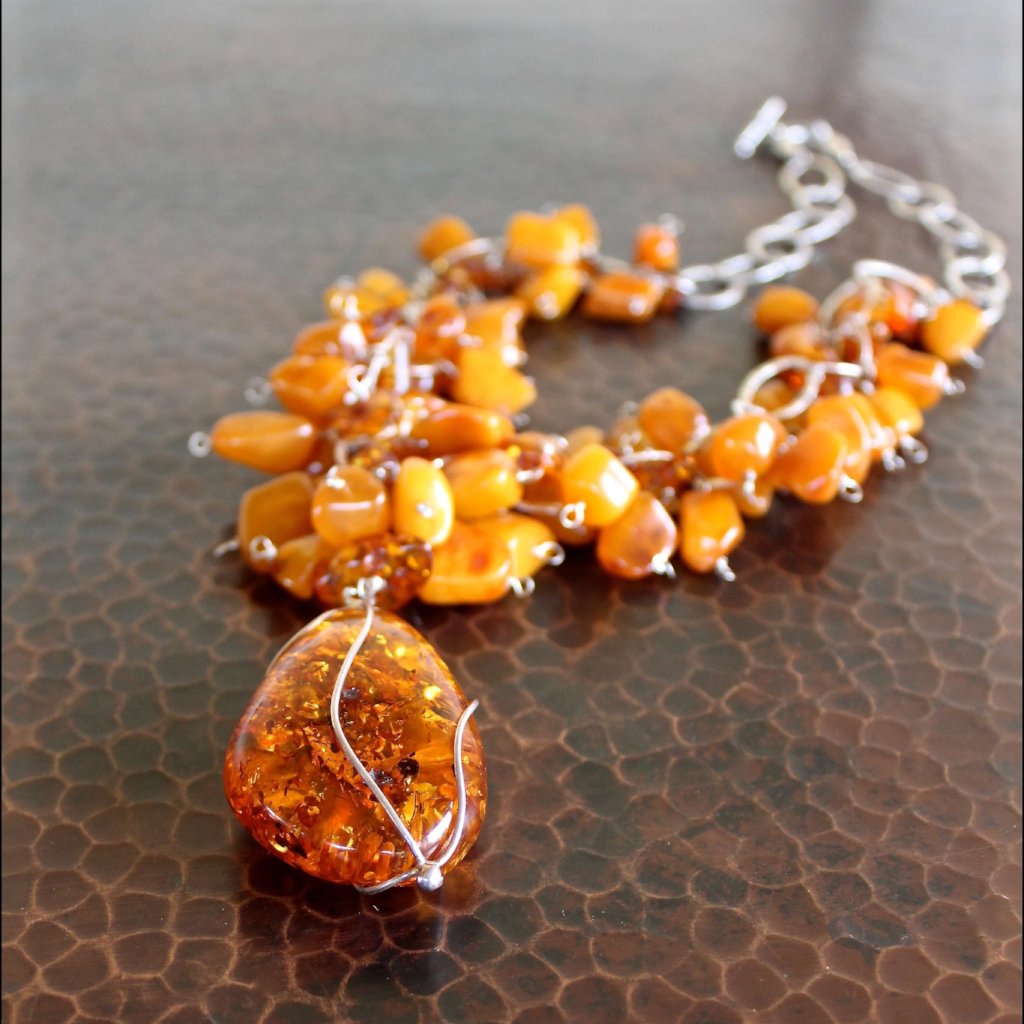 Baltic Cognac Amber Pendant Butterscotch Beaded Necklace