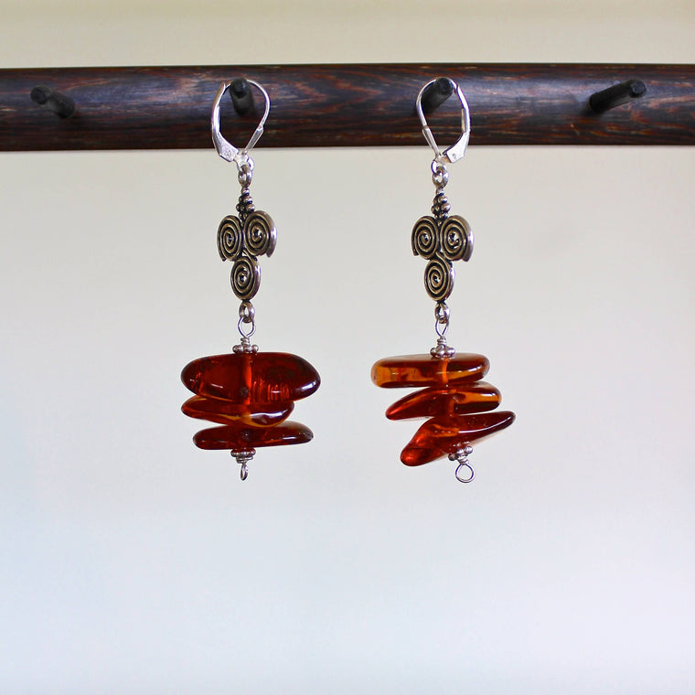 Baltic Cognac Amber and Sterling Silver Spiral Pendant Earrings